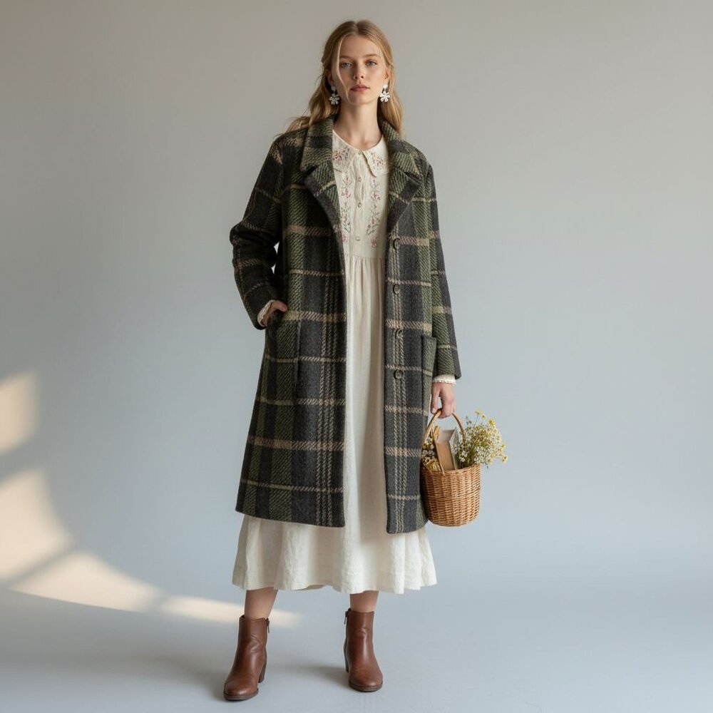 J.Jill Wool Blend Plaid Coatigan‎ Dark Academia Cottagecore Green Size XL Petite